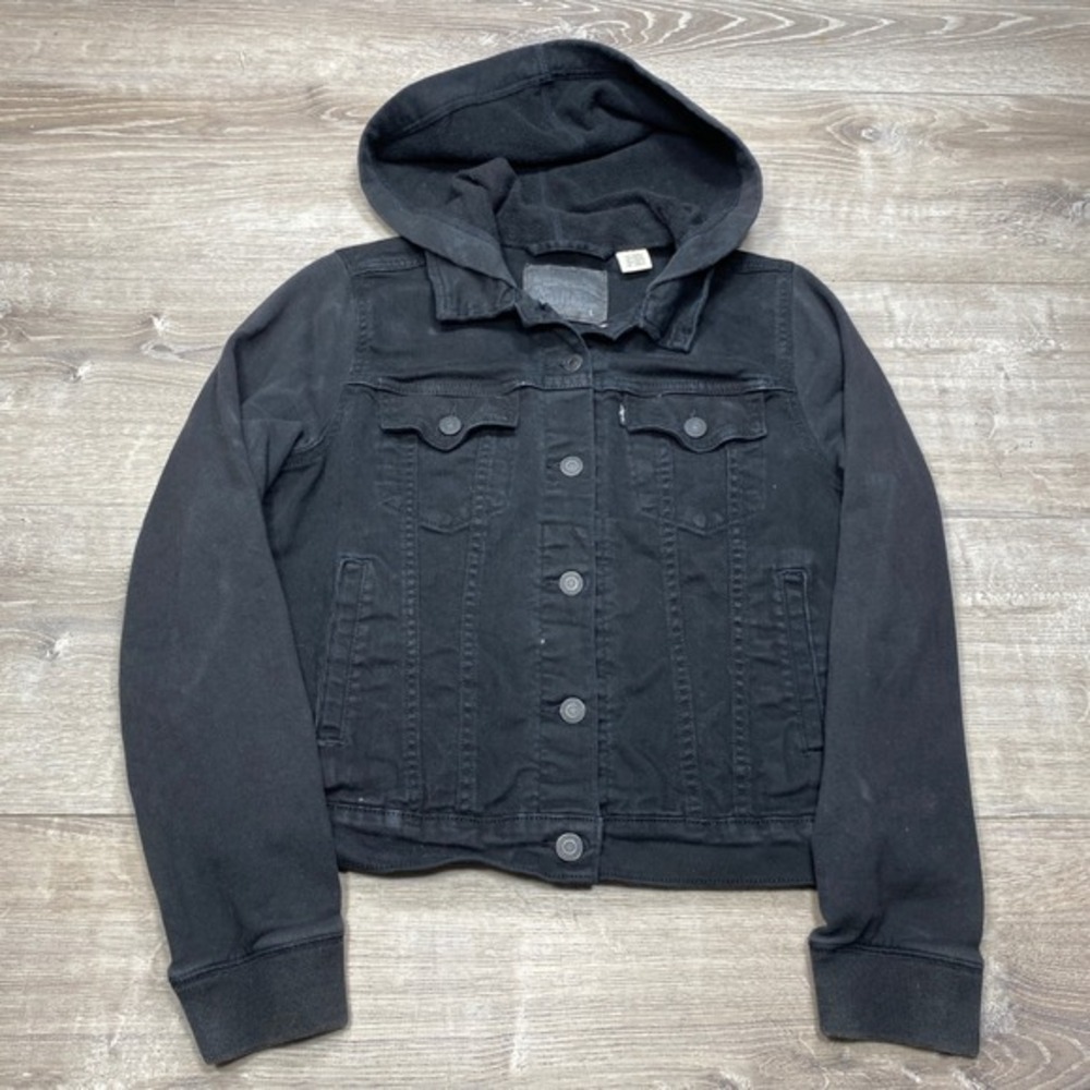 Levi's Hybrid Denim Trucker Jacket Women Large Black Hoodie Fleece Sleeve Casual